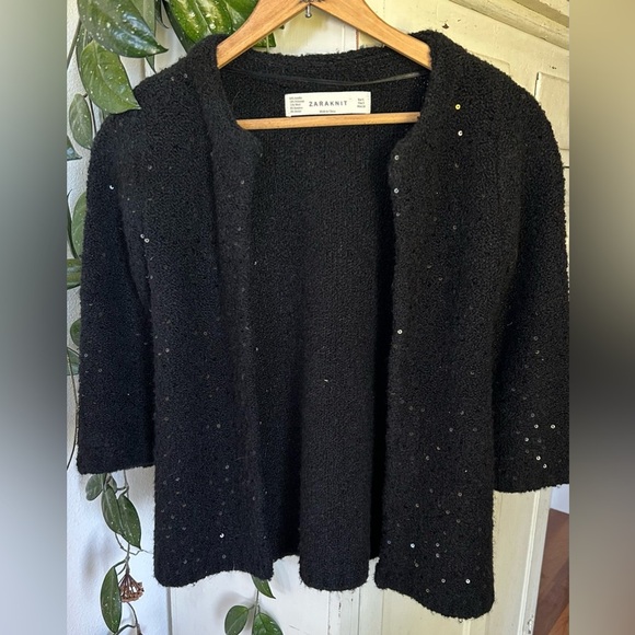 🔥Zara | Women’s black wool blend open front cardigan, black sequin detailing, S - Picture 1 of 7